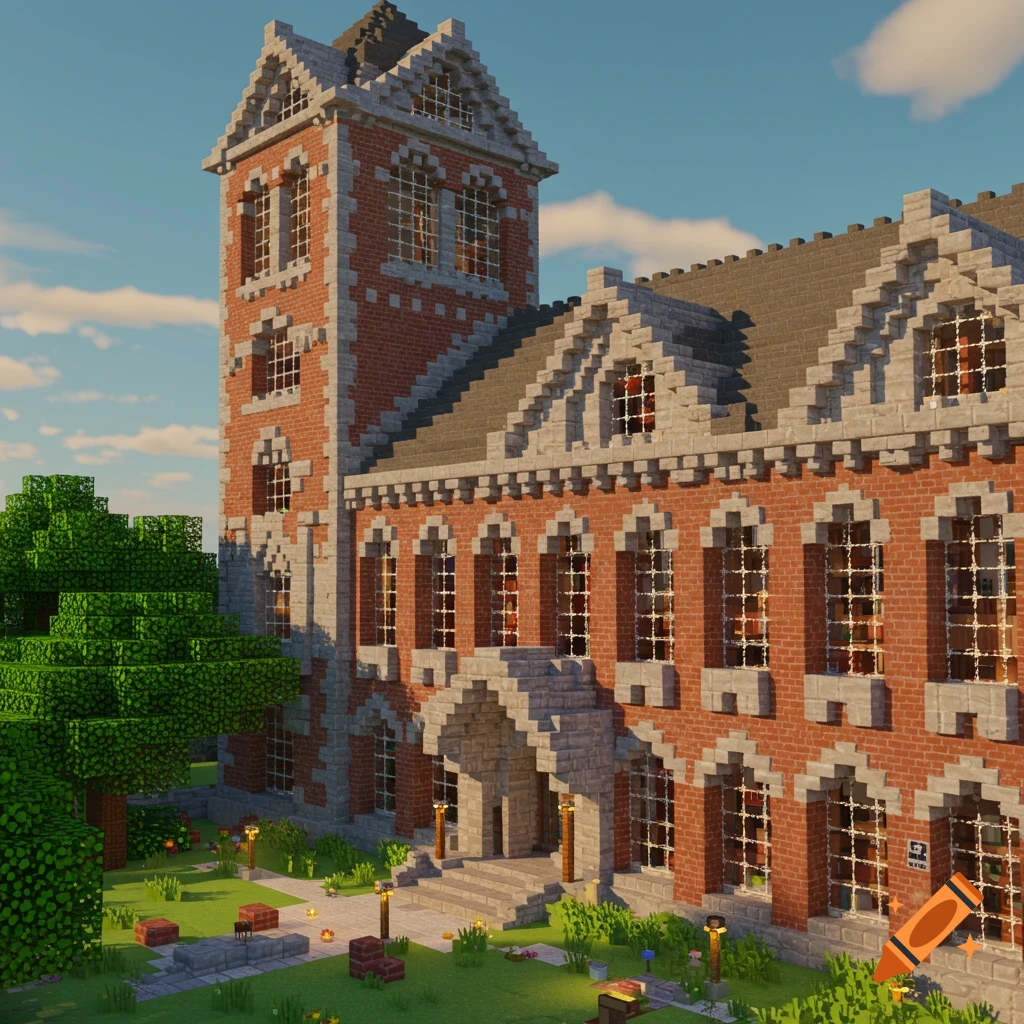 A large brick building in the style of Minecraft.