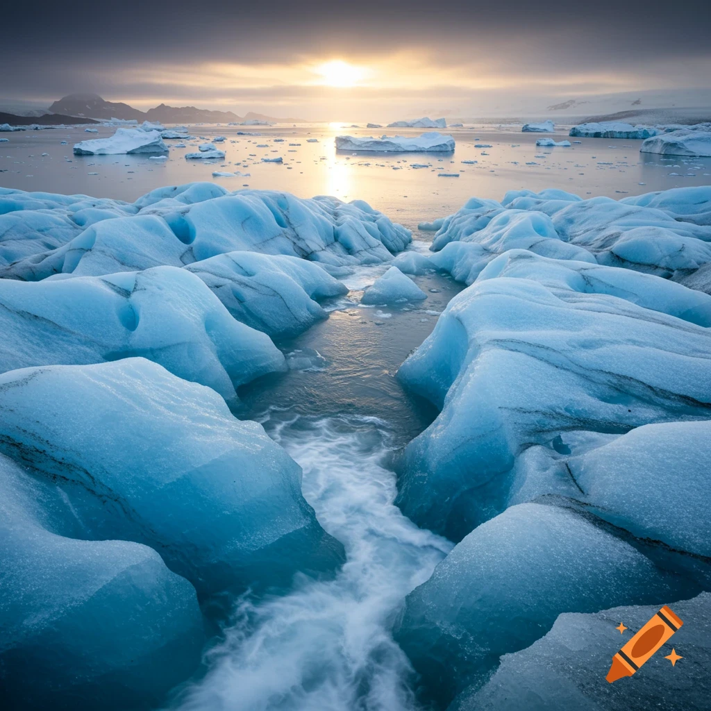 View of blue glacier ice formations and flowing water with a sunset and mountains in the distance.