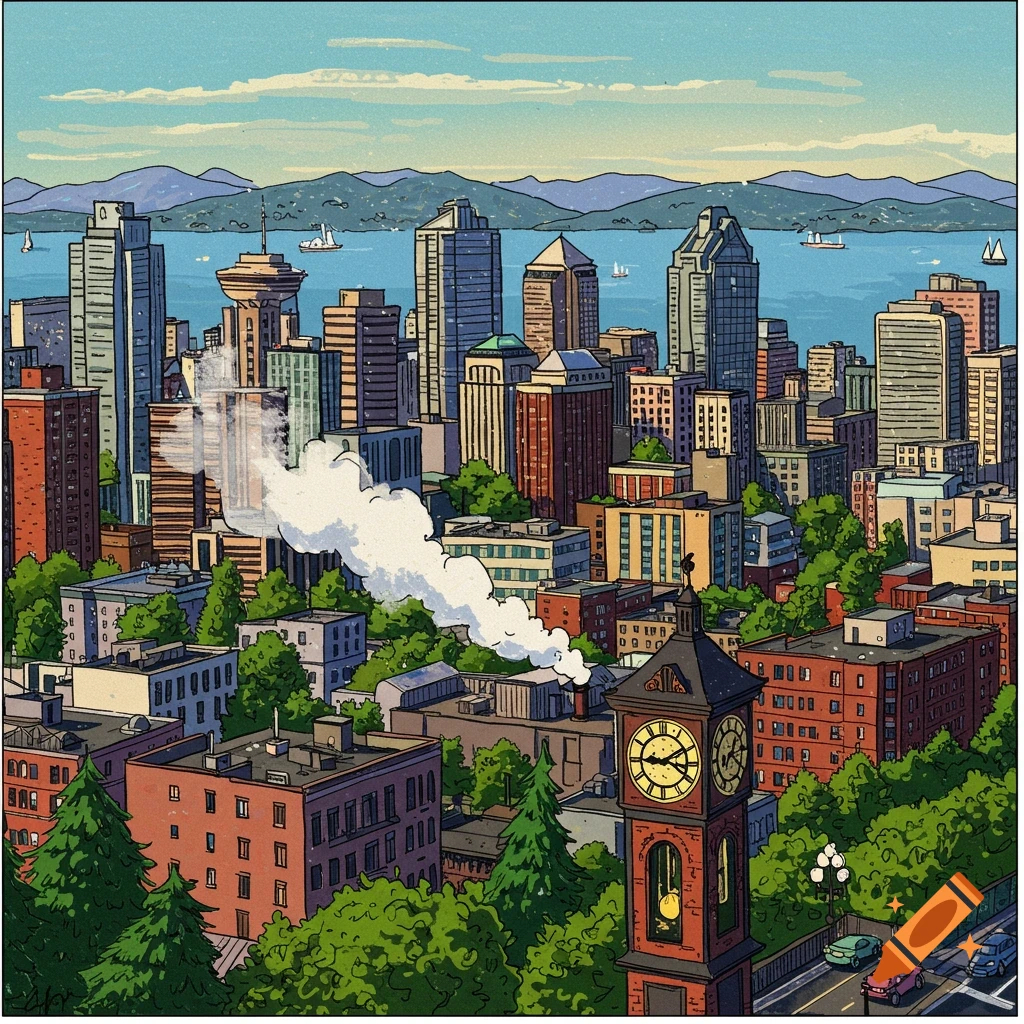 An illustrated cityscape of Vancouver with a clock tower in the foreground, buildings, water, mountains, and trees.