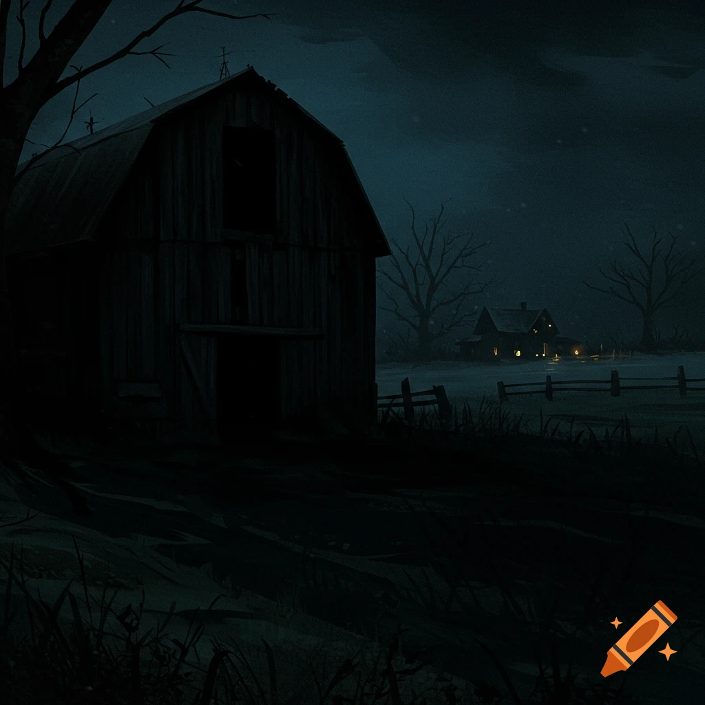 Dark image of a barn and farmhouse at night, partially obscured by darkness.