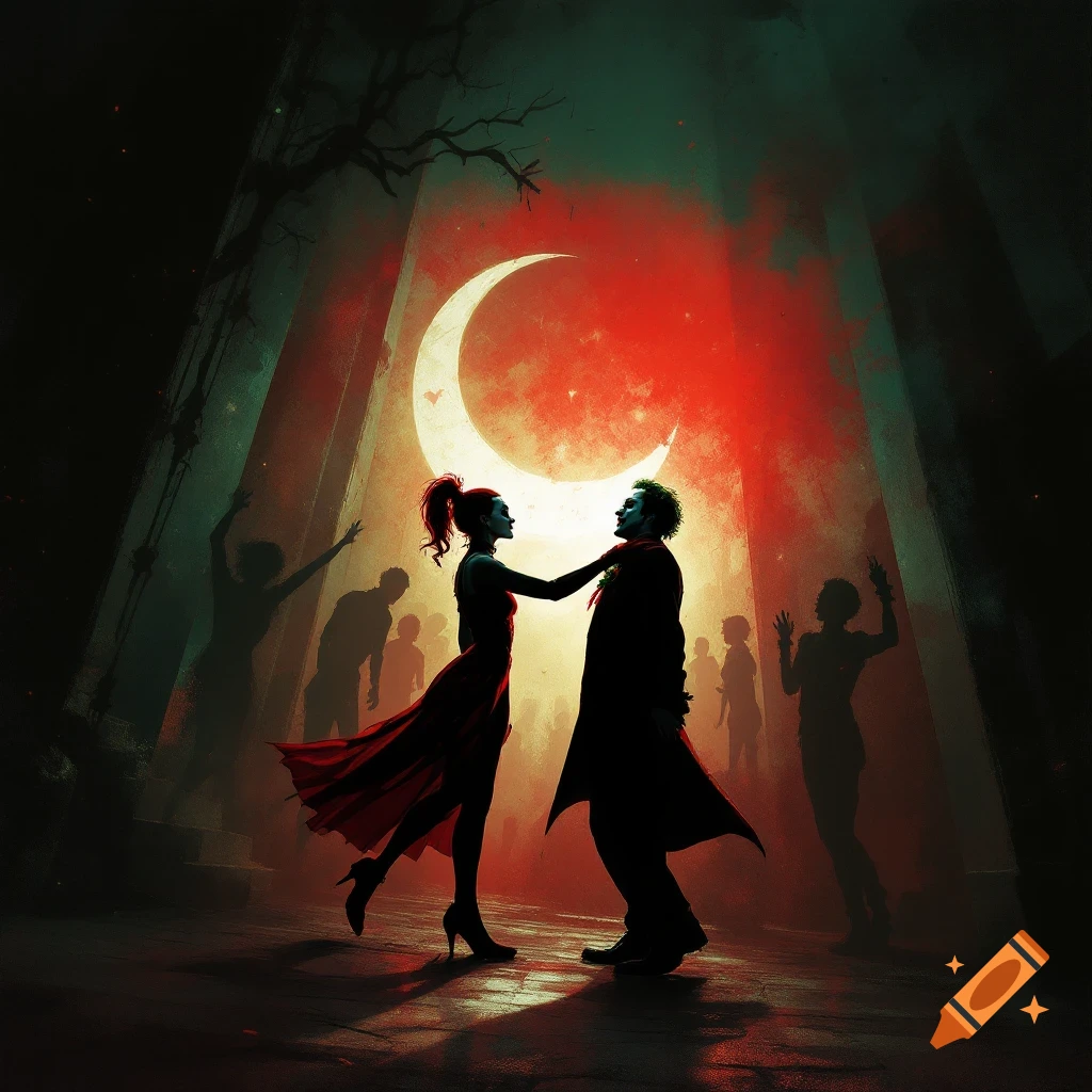 Two figures resembling Joker and Harley Quinn dancing under a crescent moon.
