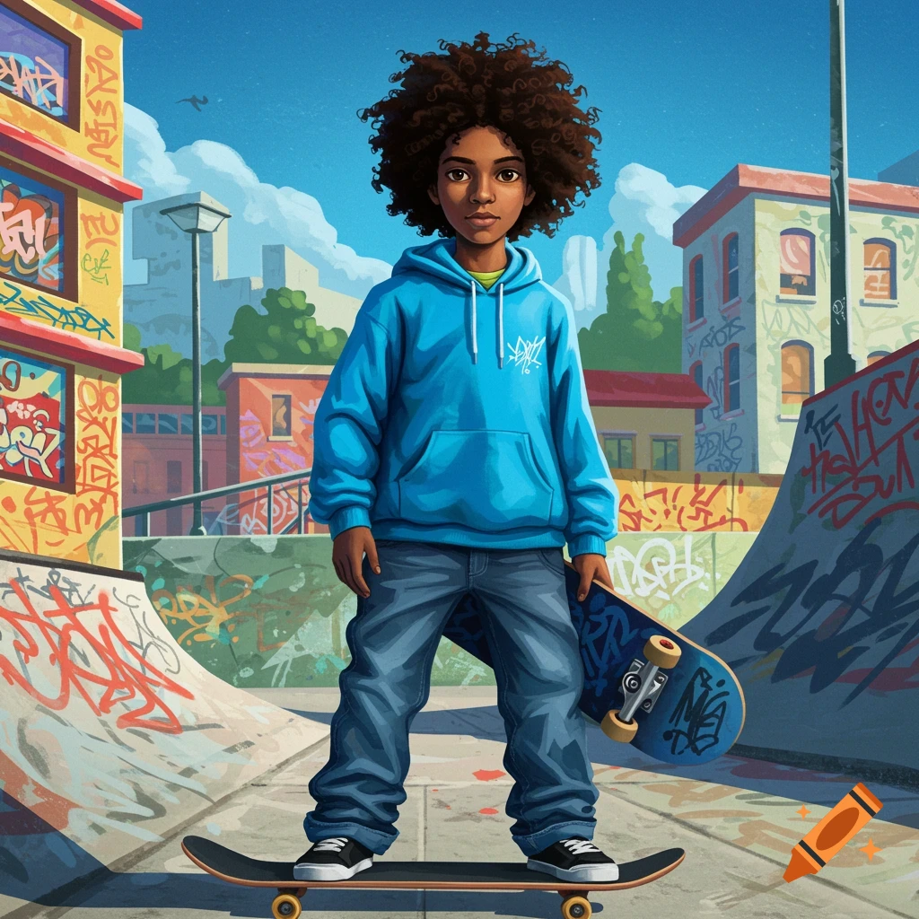A boy in a blue hoodie holds a skateboard in a graffiti-covered skate park.