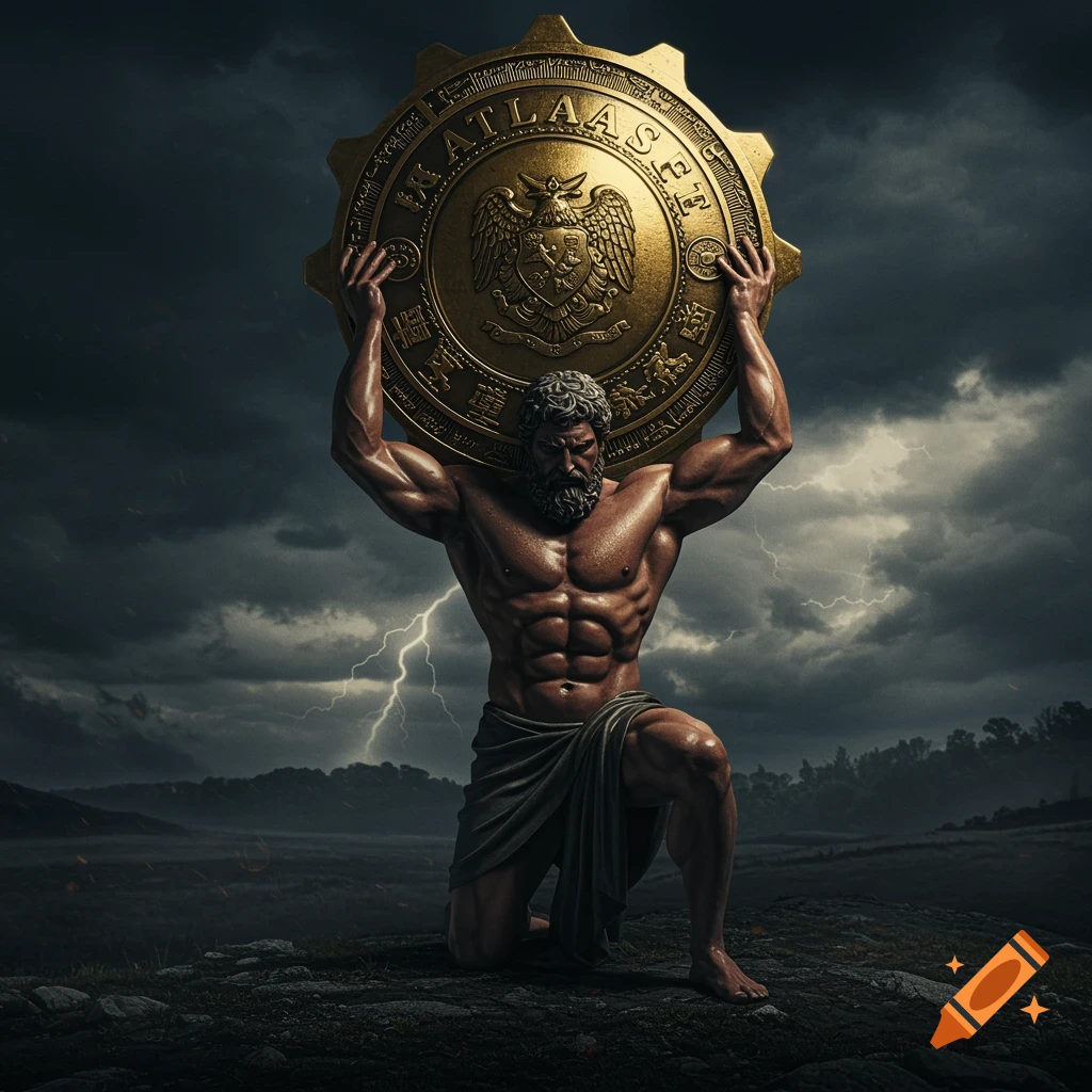 Muscular Atlas kneels, holding a large golden badge against a stormy sky with lightning. Photorealistic style.