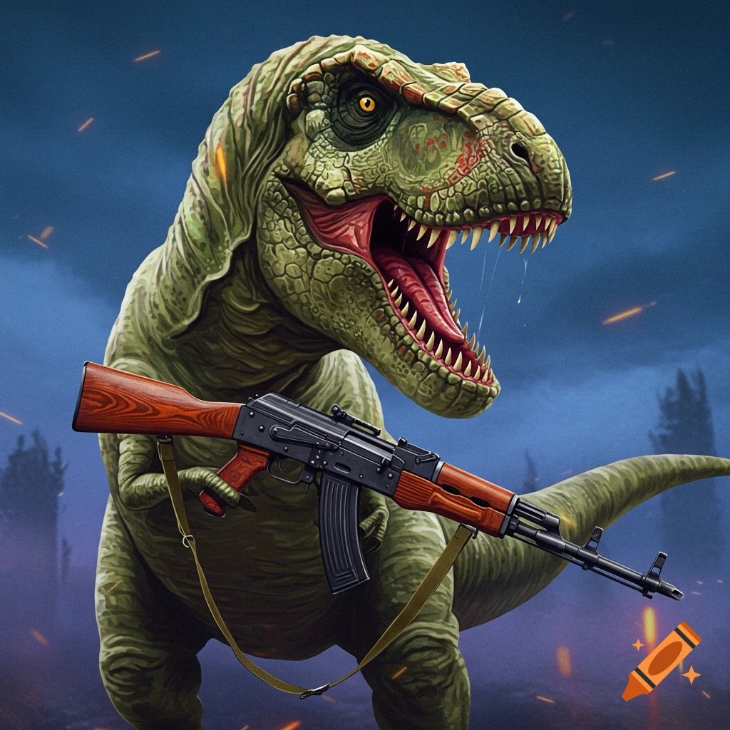 A T-Rex holding an AK-47 rifle.