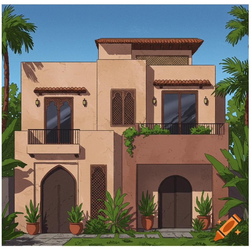 A house mixing modern, Moroccan, and Spanish styles with landscaping and palm trees.