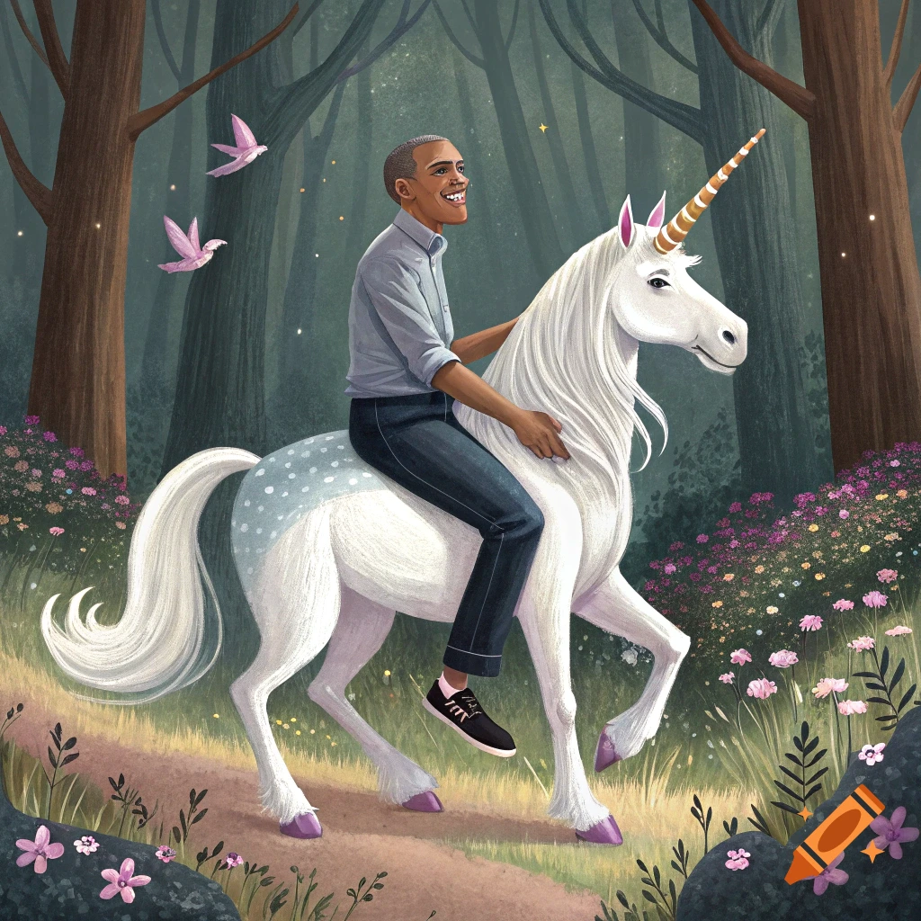 Barack Obama riding a white unicorn through a colorful forest path. Illustration.