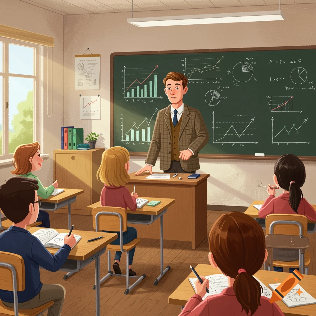 Cartoon illustration of a male teacher in a classroom with students, standing by a blackboard filled with graphs.