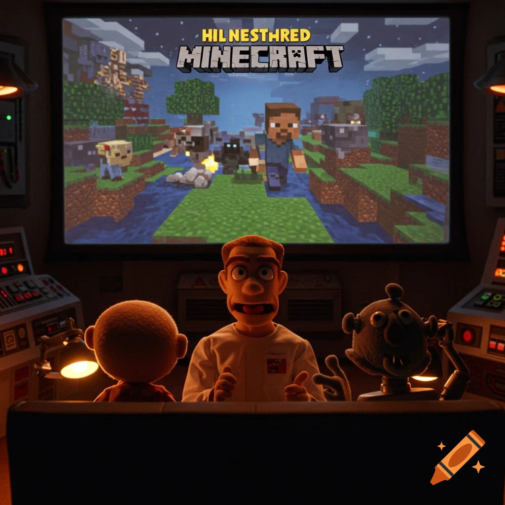 Puppet figures watching a Minecraft movie on a large screen.
