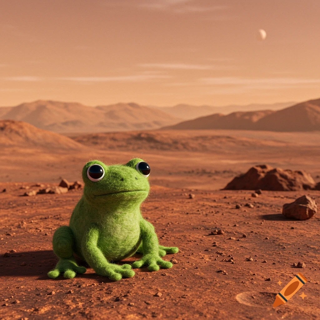 A felted green frog sits on the reddish landscape of Mars under a bright  sky. on Craiyon, image size:1024x1024