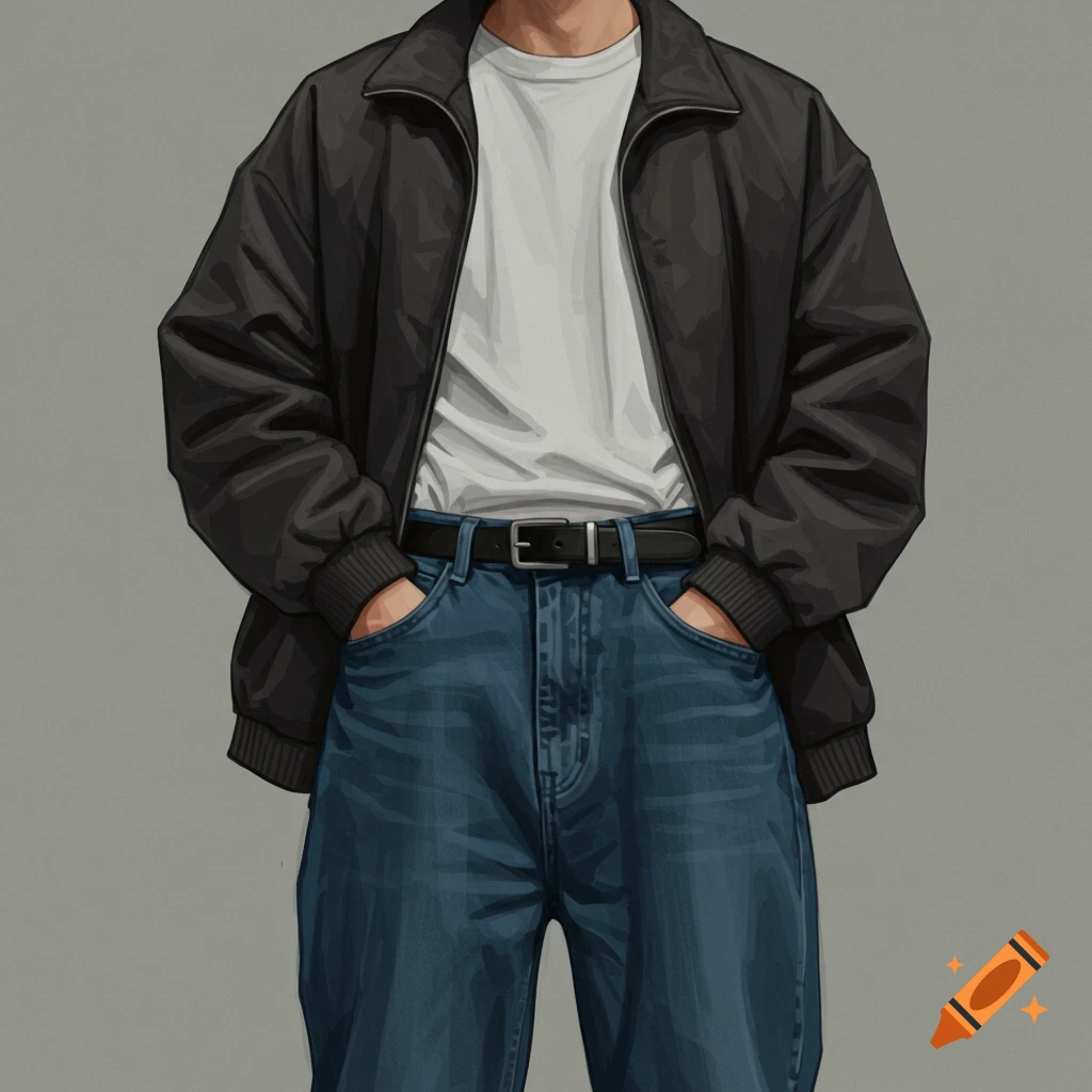 A person wearing a black jacket, white shirt, belt, and blue baggy jeans with hands in pockets.