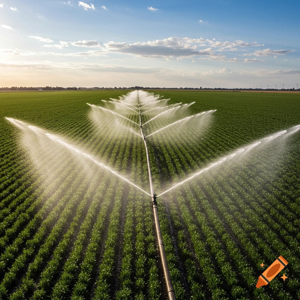 Aerial view of a large green field being watered by a center-pivot irrigation system. Photorealistic.