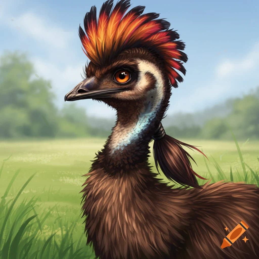 An emu with a ponytail stands in a grassy field.