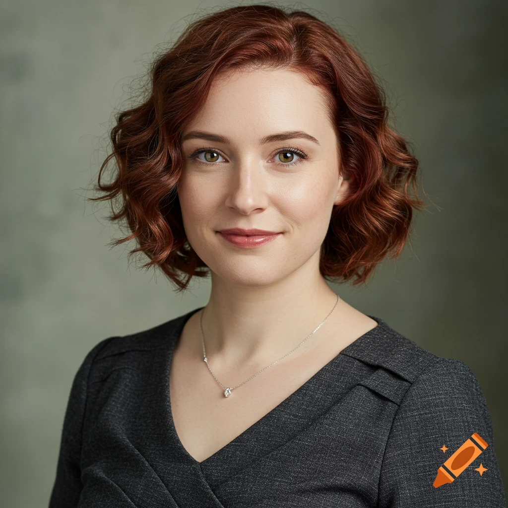 A portrait of a woman with short red hair and green eyes.