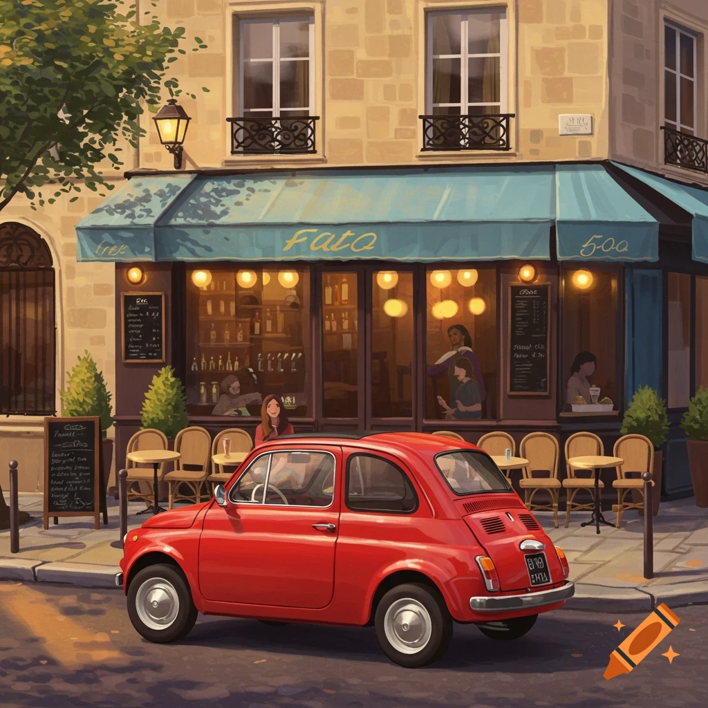 A red Fiat 500 is parked in front of a bistro in a European city.
