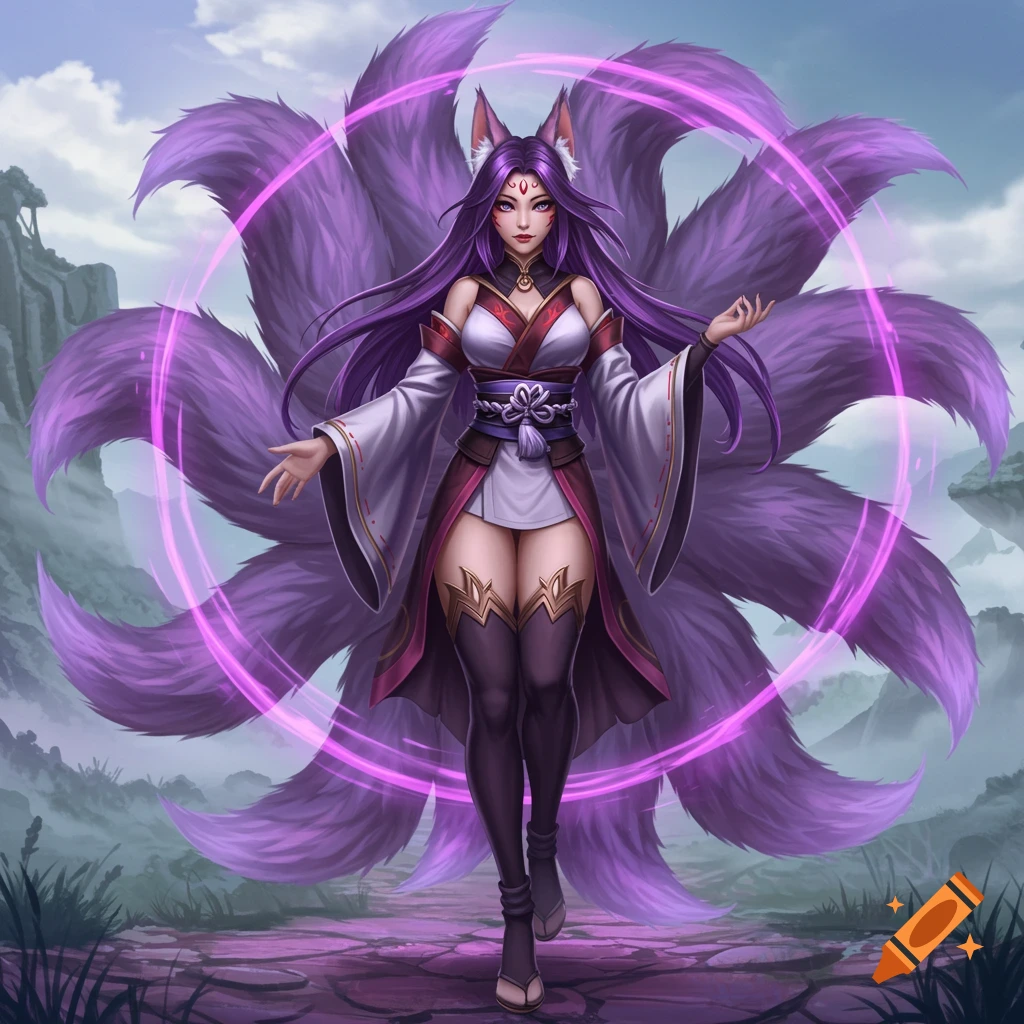 Anime-style illustration of a female kitsune with purple hair, purple eyes, and nine large purple tails swirling behind her, in a fantasy landscape.