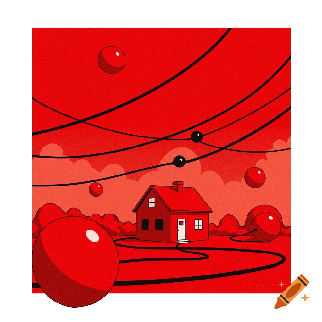 Digital illustration of a red house in a red landscape with large red and black balls and black lines.