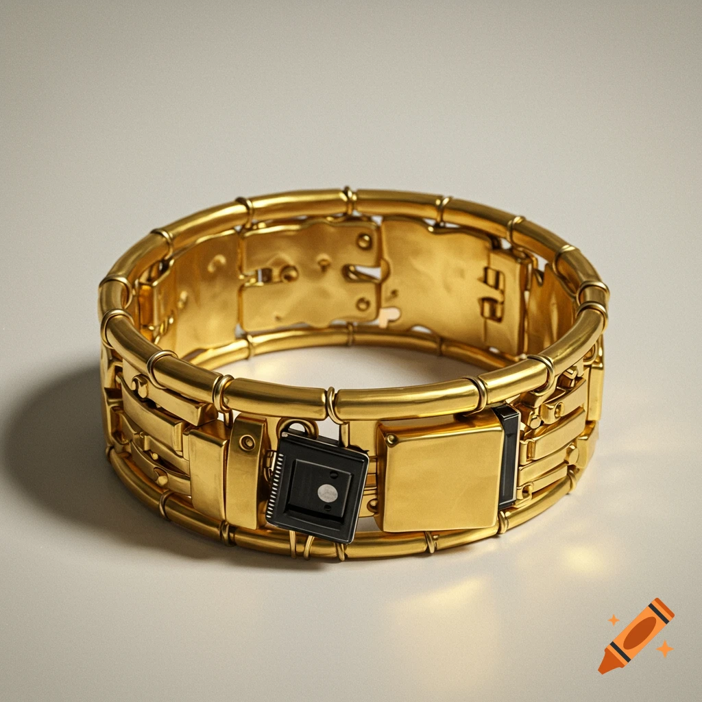 A gold bracelet made from recyclables.