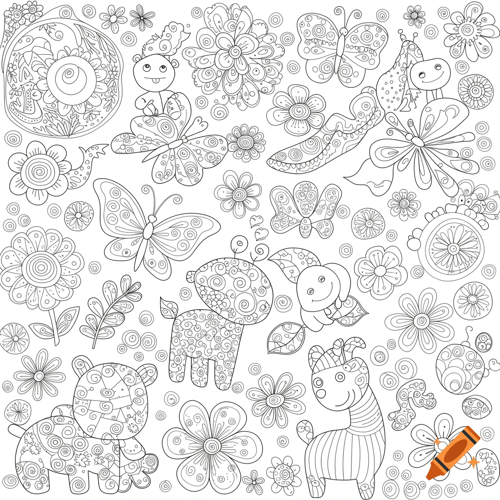 Black and white line art coloring page with whimsical animals, butterflies, and intricate flowers and patterns.