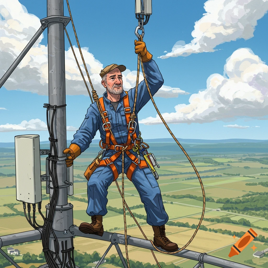 A man in work gear on a cellular tower overlooking a landscape.