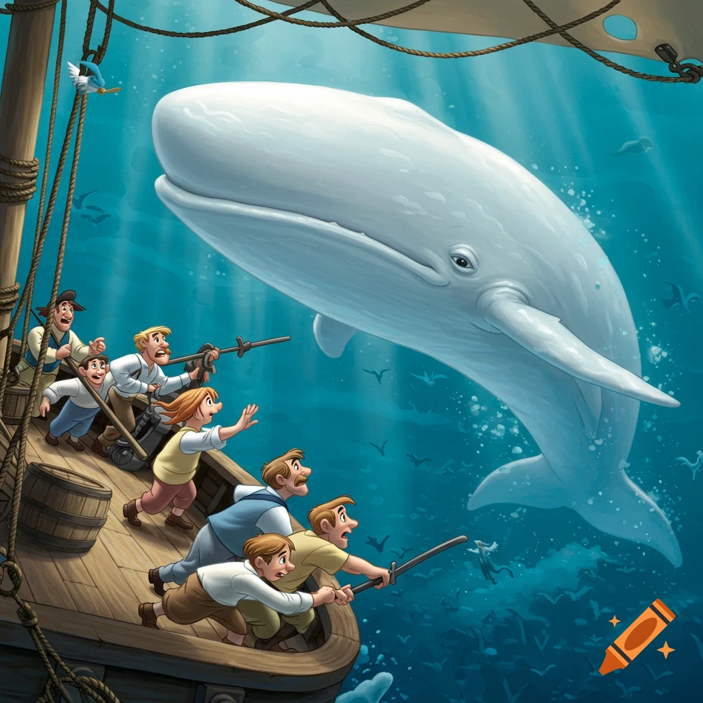 Cartoon of sailors on a ship looking at a giant white whale underwater.
