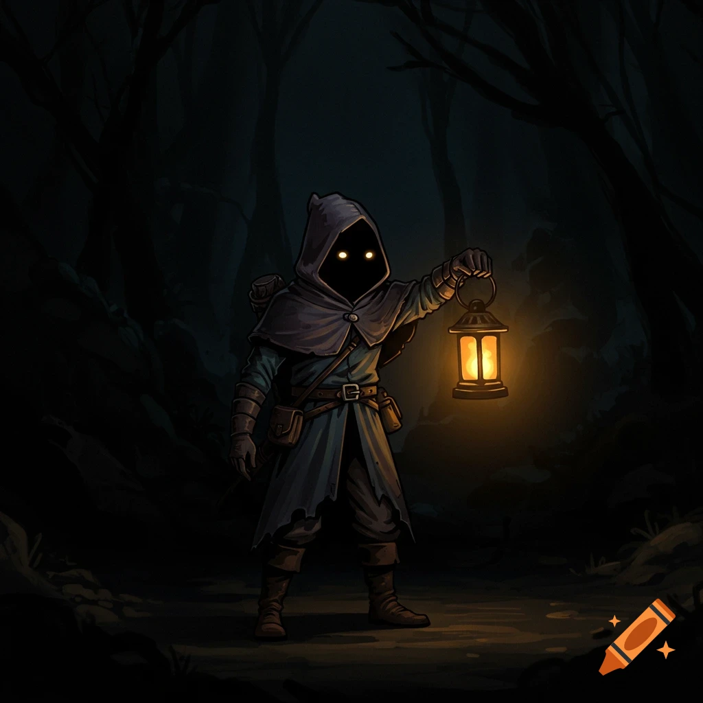 A hooded figure with glowing eyes holds a lantern in a dark forest.