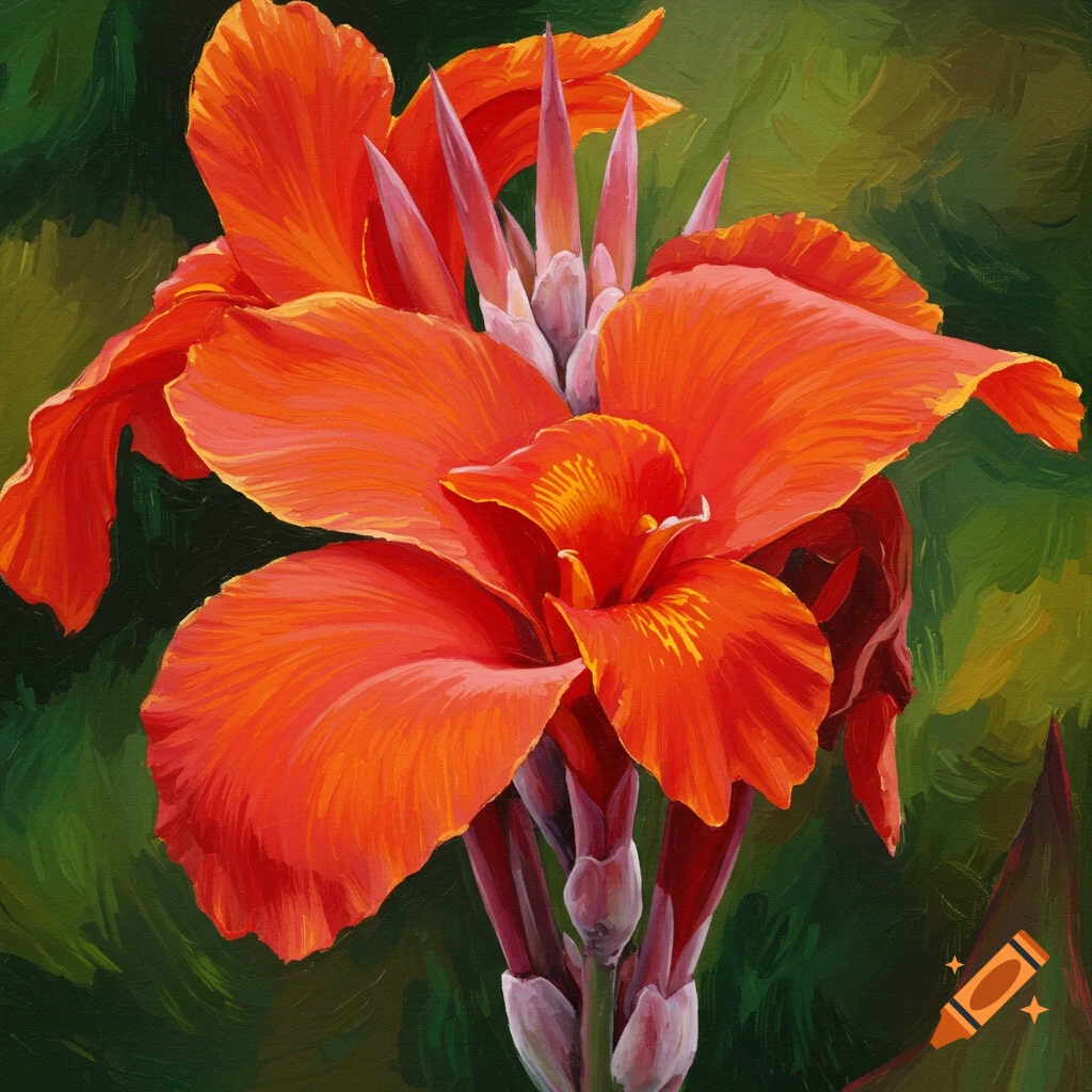 Acrylic painting of a large orange-red flower against a green background