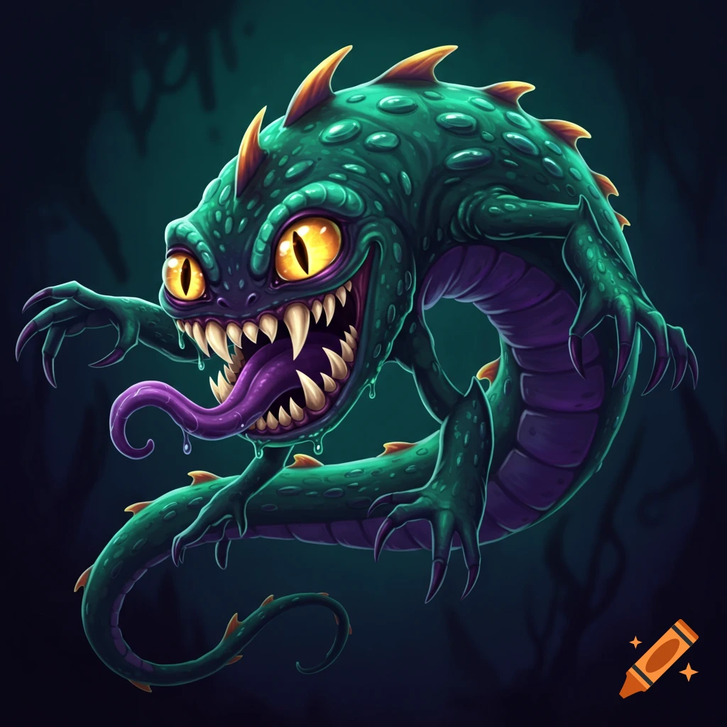 A cartoon-style green and purple monster with large yellow eyes and sharp teeth against a dark background.
