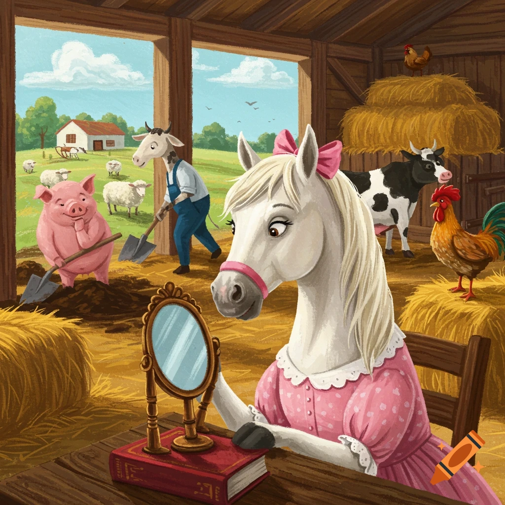 A white horse in a pink dress looks in a mirror inside a barn, with other anthropomorphic farm animals working in the background.