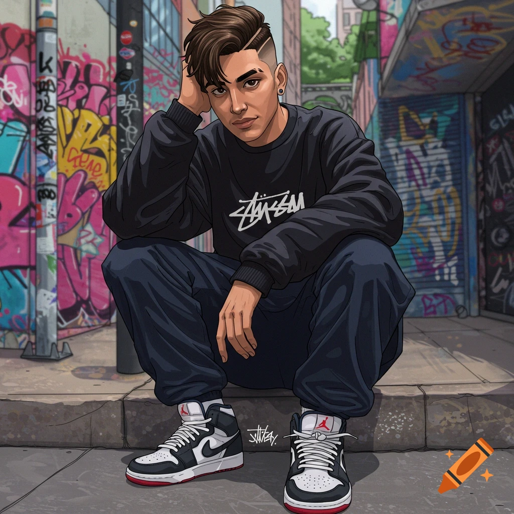 Stylized illustration of a young man wearing a Stüssy sweatshirt and Air Jordan sneakers, sitting on a curb in front of a graffiti-covered wall.