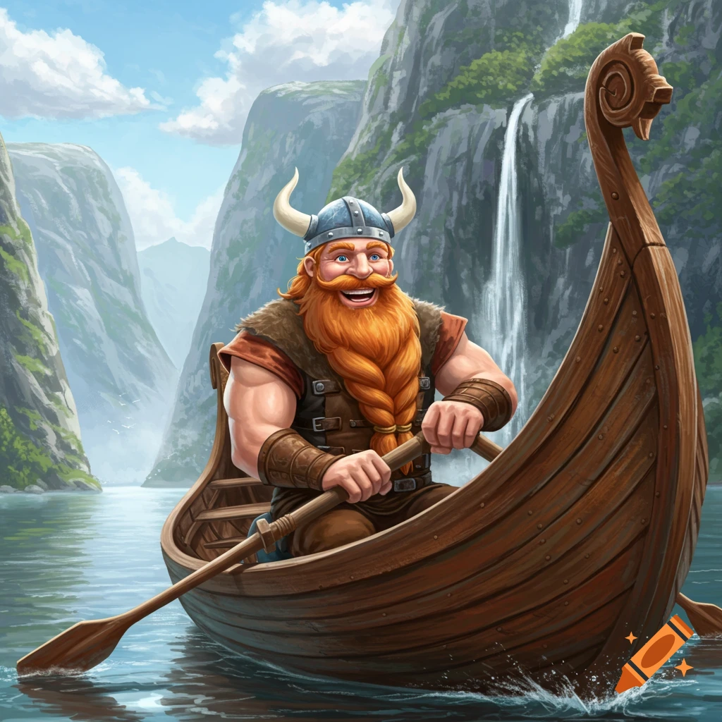 A cartoonish viking with a large red beard rows a wooden boat through a fjord with mountains and a waterfall.