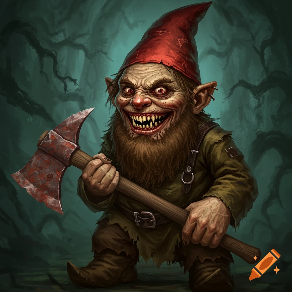 A scary, evil gnome with sharp teeth and red eyes, holding a bloody axe in a forest.
