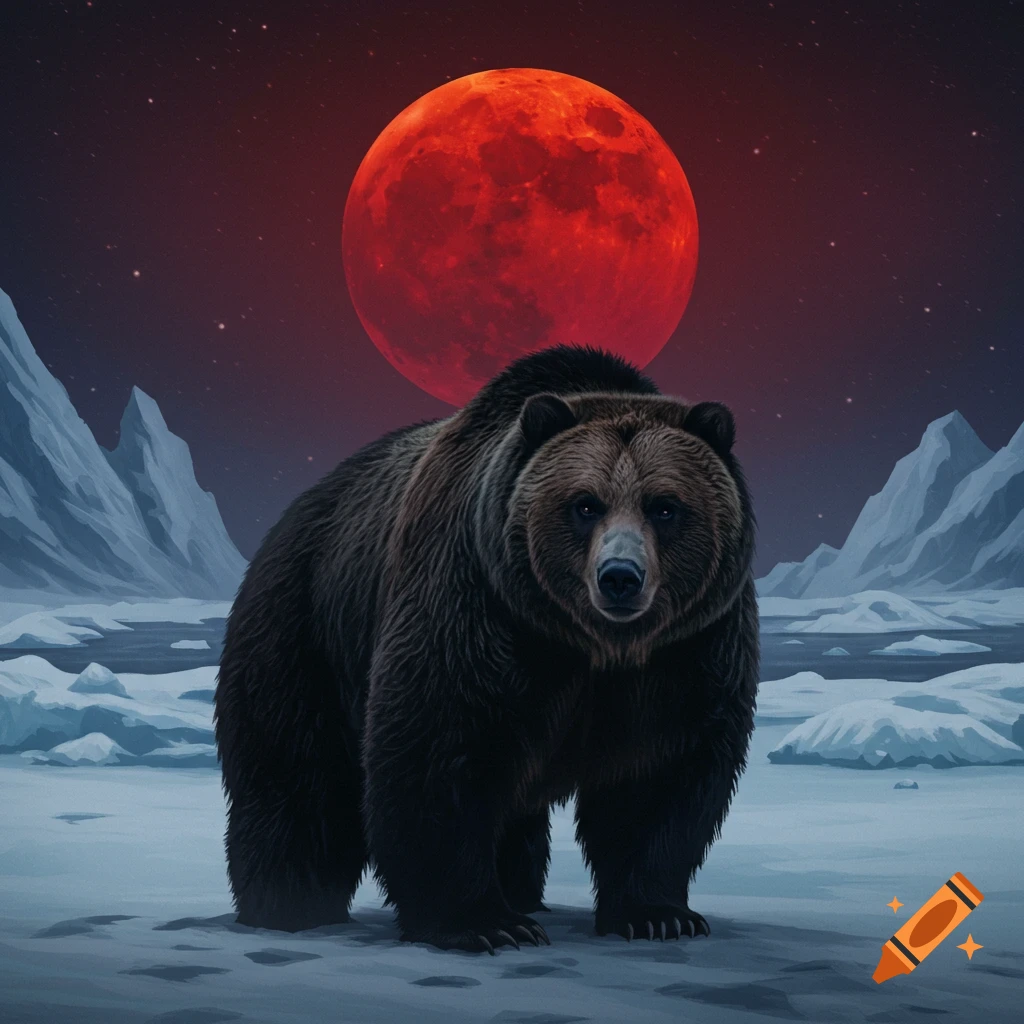 A grizzly bear is shown in a snowy arctic landscape under a large blood moon and starry sky.