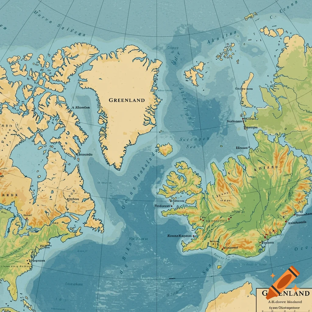 An old-style map showing Greenland, Iceland, and a new island between them