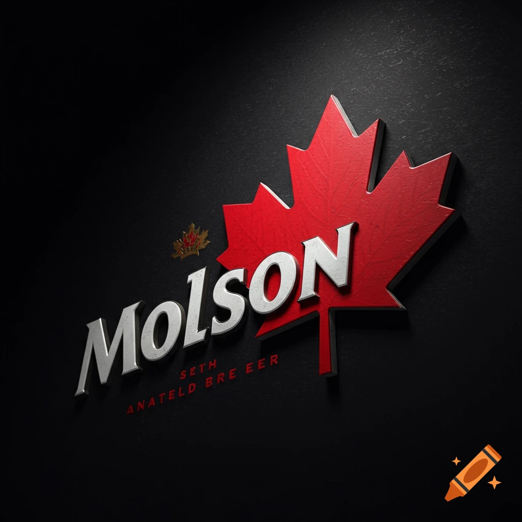3D render of a Molson beer logo with a red maple leaf on a black background.