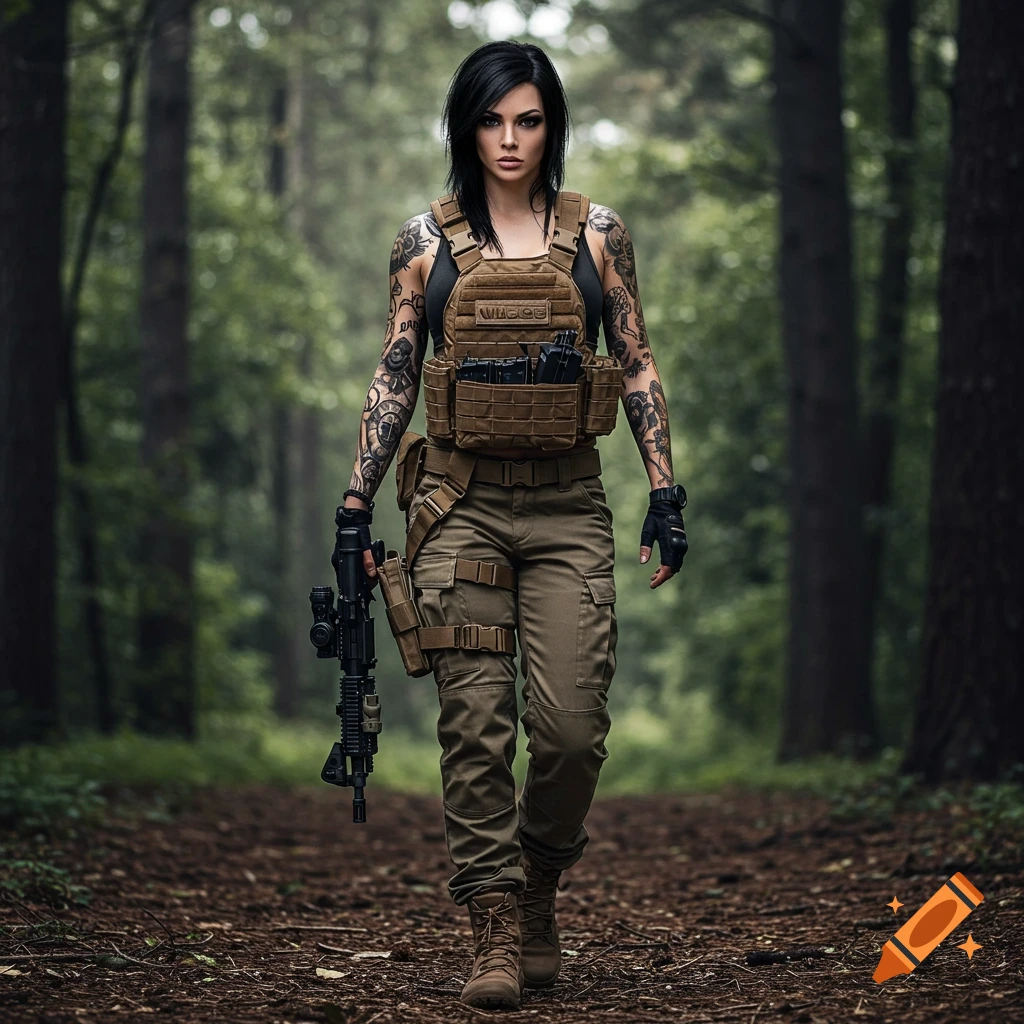 Woman in tactical gear with tattoos walking through a forest holding an AR-15.