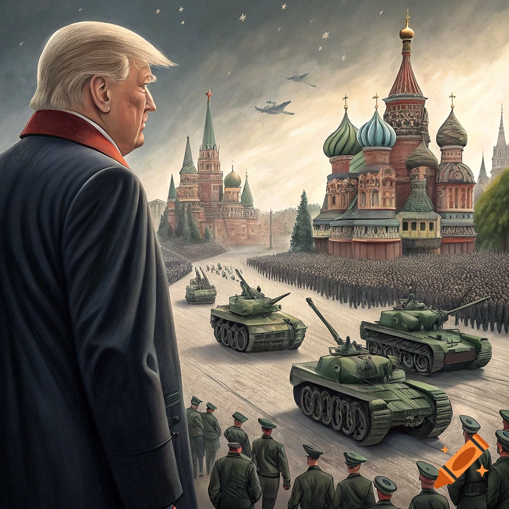 Illustration of Donald Trump standing and looking at a large military parade with tanks and soldiers in front of St. Basil's Cathedral in Moscow.