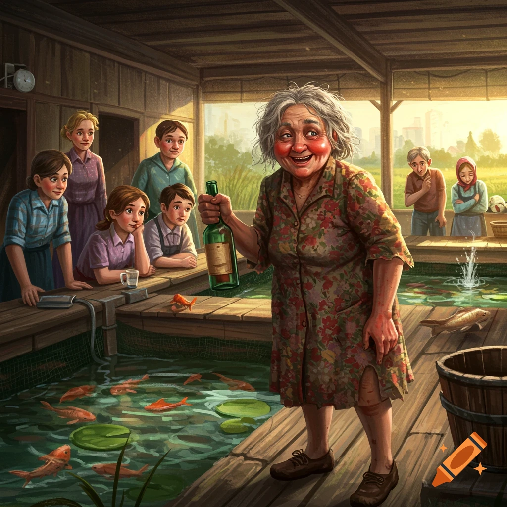 An older woman with a bottle interrupts people at a fish hatchery pond.