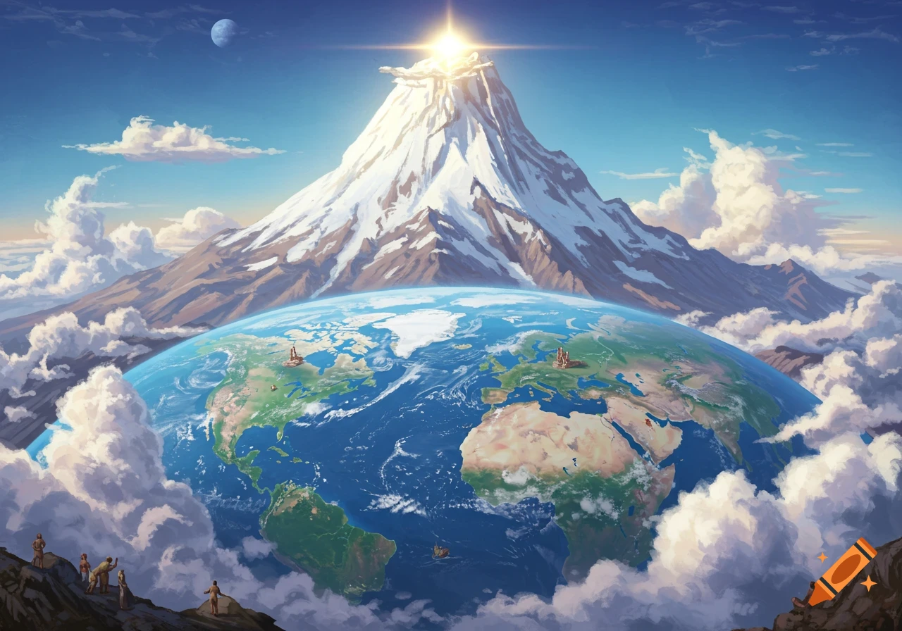 A snow-capped mountain towers over the Earth, with small figures looking on from a rocky ledge.