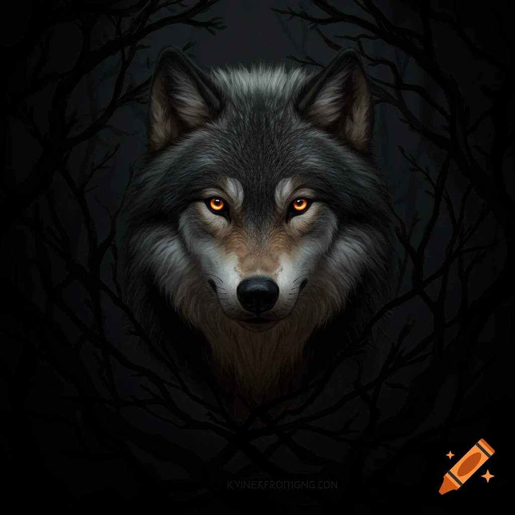 A wolf with glowing amber eyes, framed by dark branches.