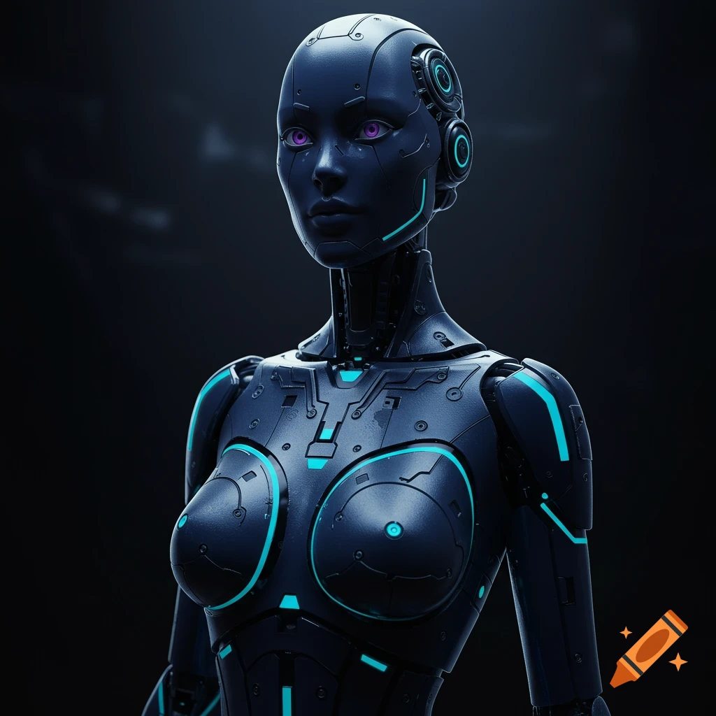 Dark futuristic female robot with blue glowing accents and purple eyes