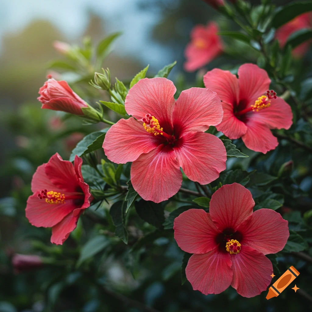 Close-up photorealistic image of pink hibiscus flowers on a green bush.