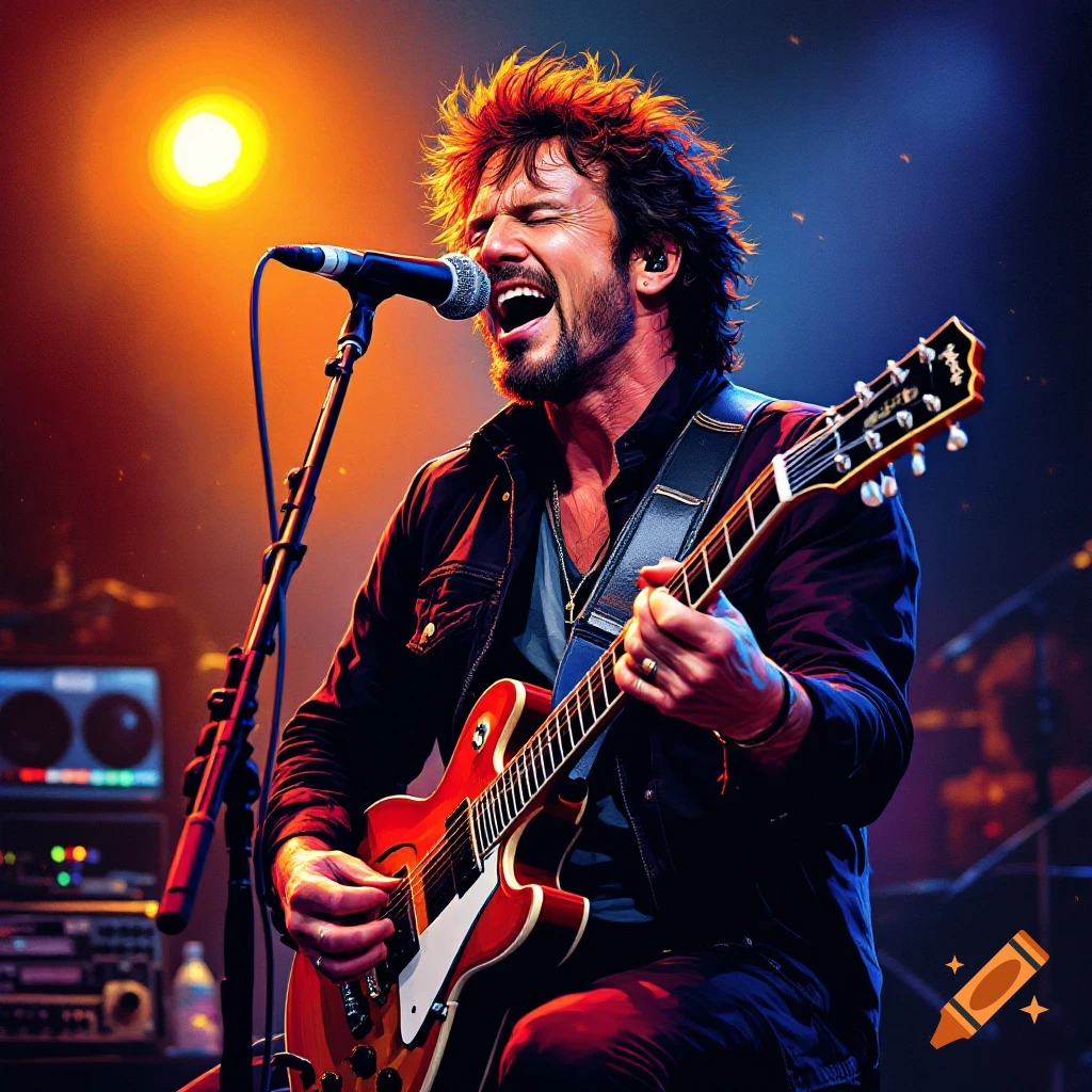 A musician sings and plays guitar on stage.