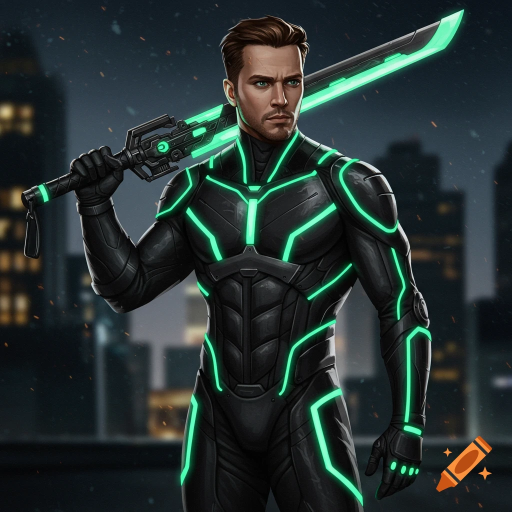 Male superhero in a black suit with glowing green lines holds a futuristic sword over his shoulder, comic book style.