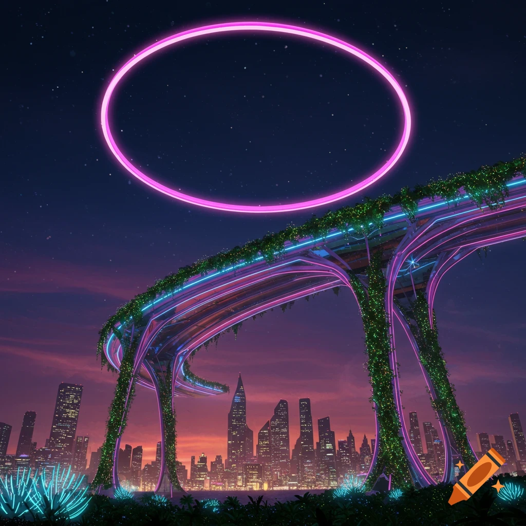 A futuristic cityscape at night with a neon-lit structure and a large pink ring above.