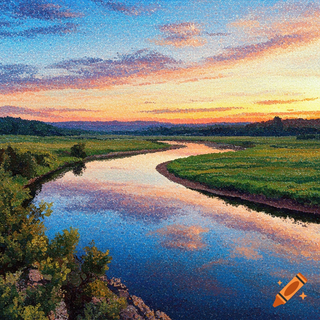Pointillism painting of a river winding through a green field at sunset.