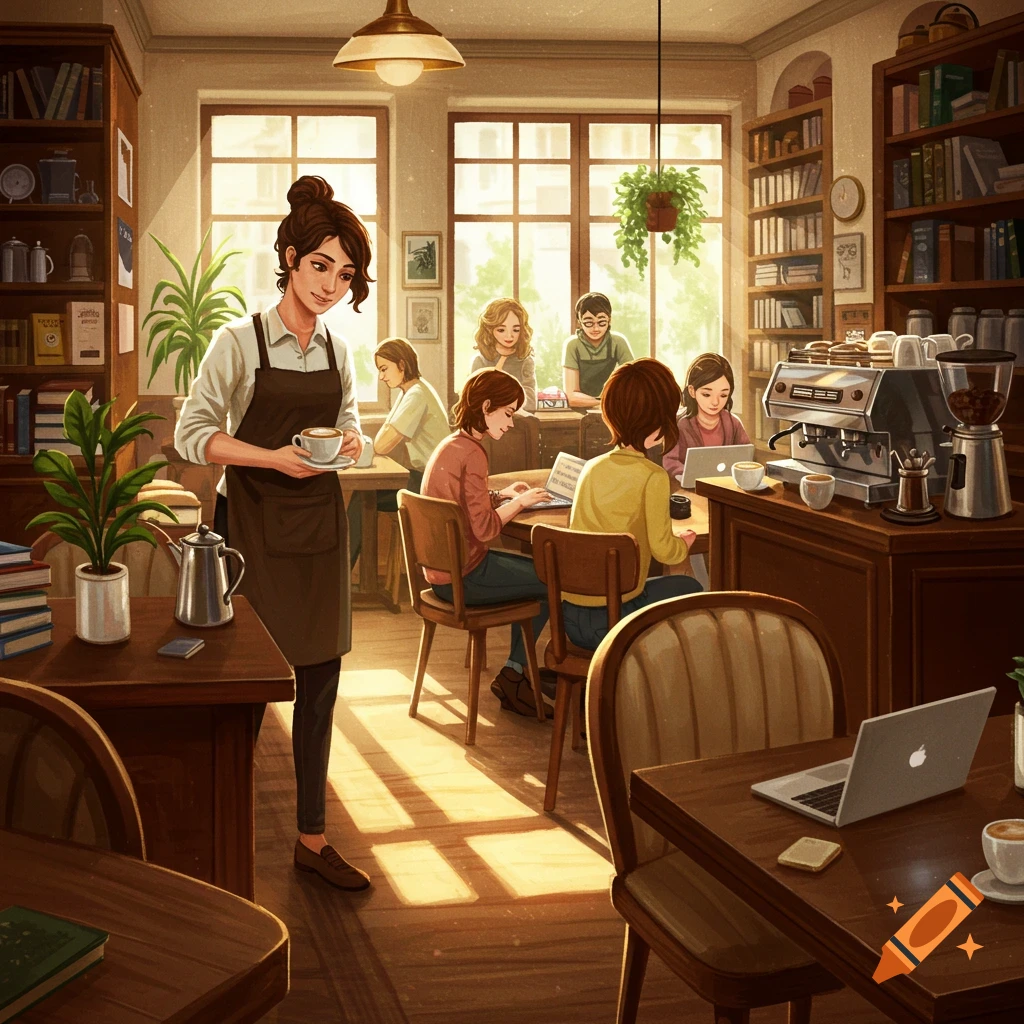 A lively coffee shop with people working on laptops and a barista holding a coffee cup.