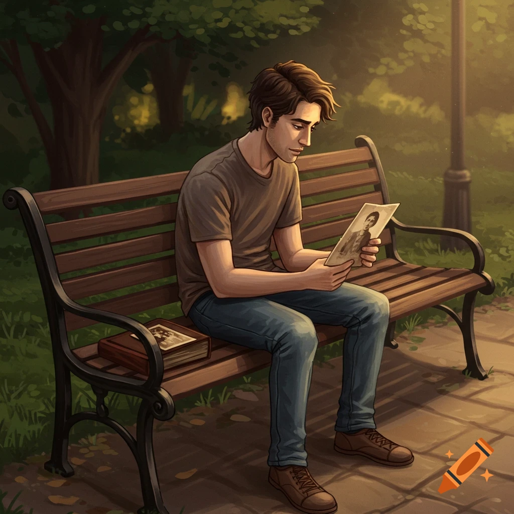Man sitting on a park bench, looking at an old photograph with a book beside him.