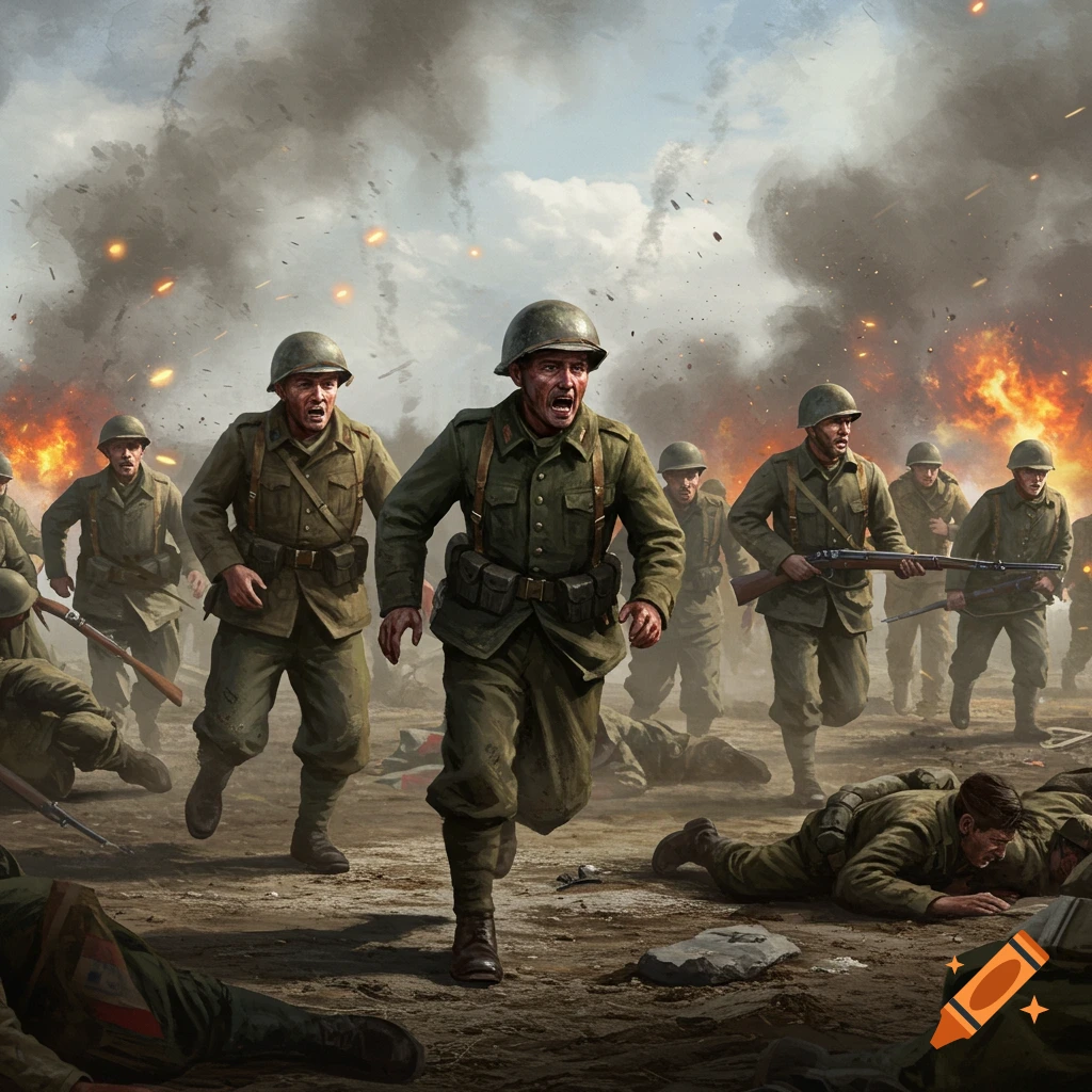Soldiers running amidst smoke and explosions on a battlefield.