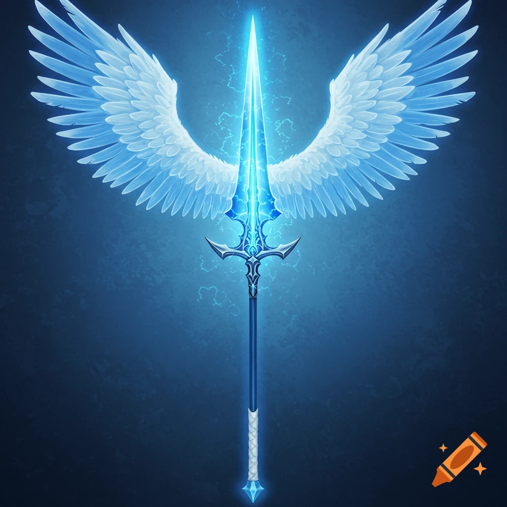 A glowing blue winged sword or lance with lightning effects against a dark background.