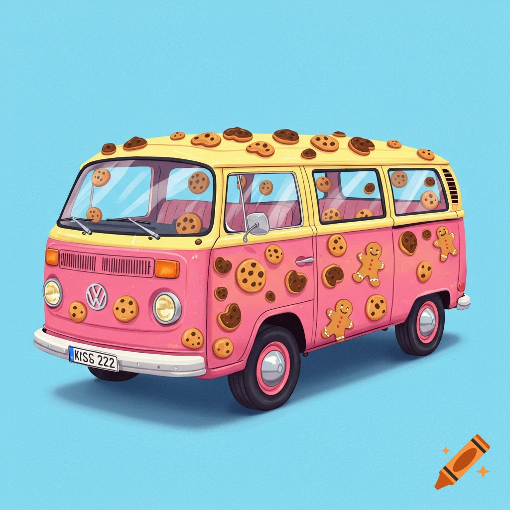A cartoon pink and yellow Volkswagen bus is covered in chocolate chip cookies and gingerbread men against a blue background.